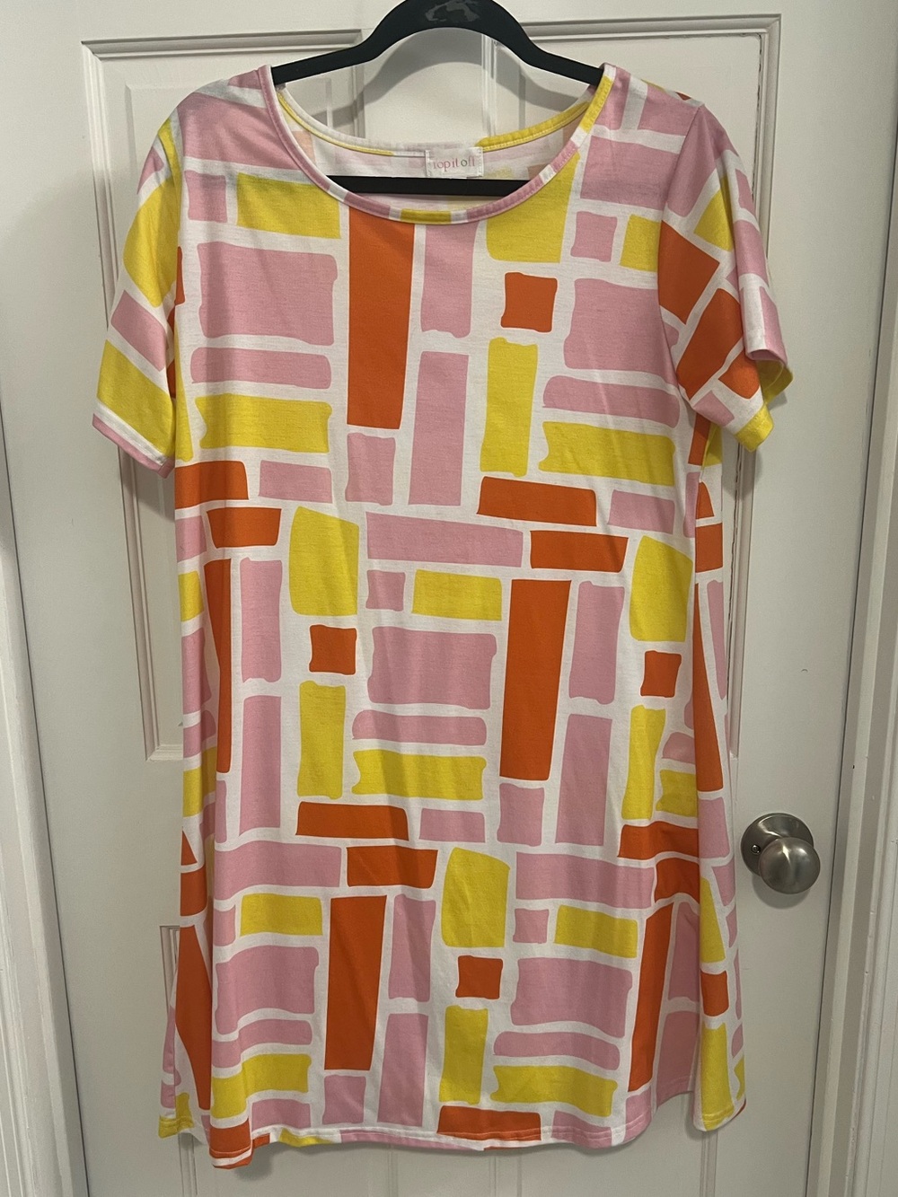 Geometric Block Print Midi Dress in Pink, Yellow & Orange